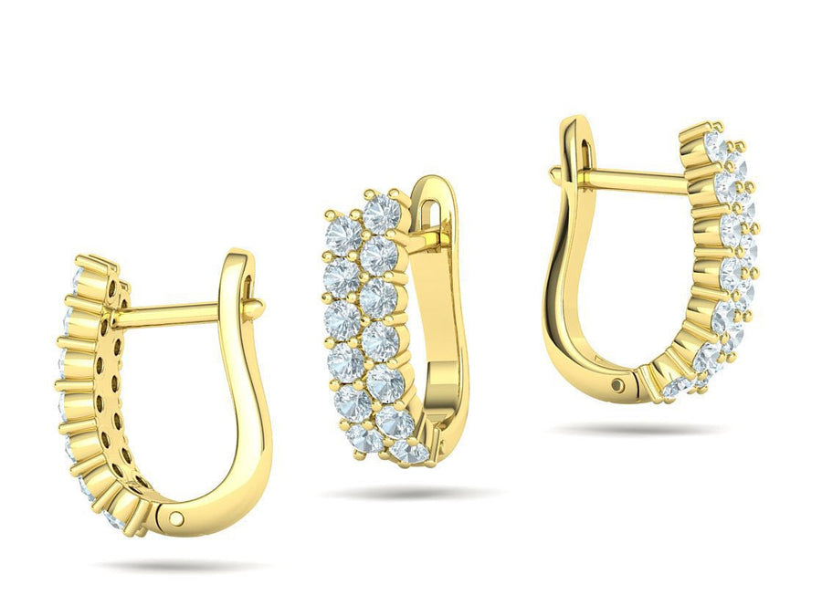Double row diamond huggie hoop earrings in yellow gold with U-shaped latch back, side and front view
