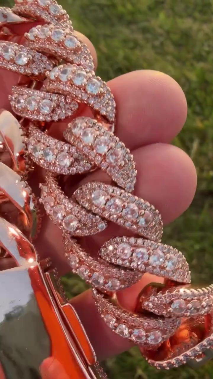 Iced Out Miami Cuban Link Bracelet - Rose Gold Moissanite, 925 Sterling Silver