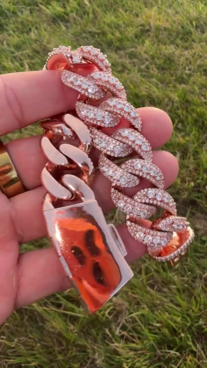 Iced Out Miami Cuban Link Bracelet - Rose Gold Moissanite, 925 Sterling Silver
