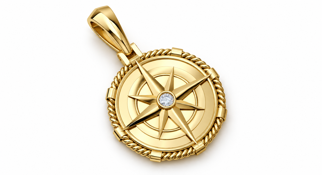 Yellow Gold Large Nautical Compass Medallion Pendant Charm