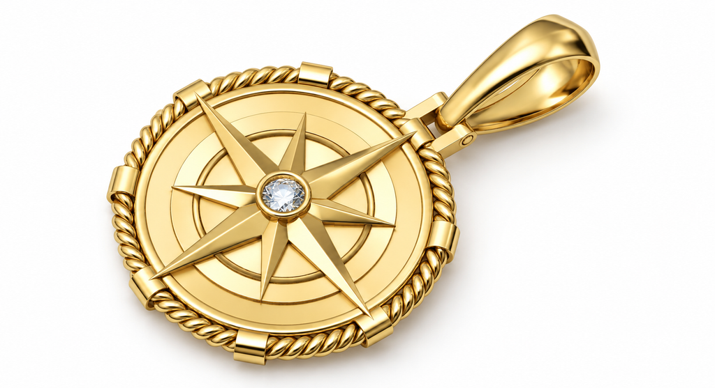 Yellow Gold Large Nautical Compass Medallion Pendant Charm