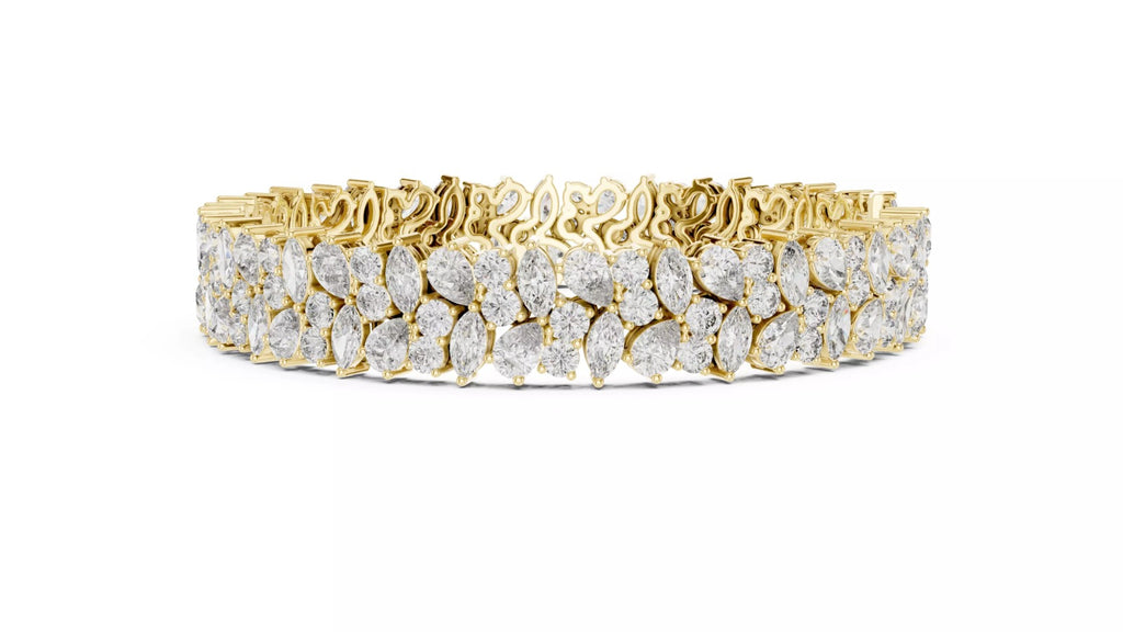 Yellow gold natural diamond tennis bracelet side view, pear and marquise cluster design