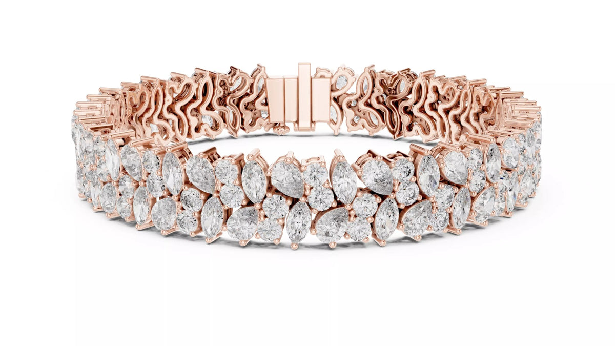 Rose gold pear and marquise diamond cluster bracelet front view with box clasp