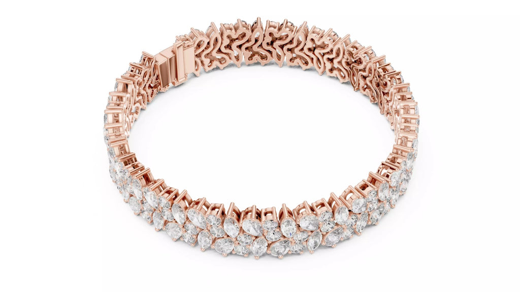 Rose gold marquise and pear diamond bracelet top view showing round shape and clasp