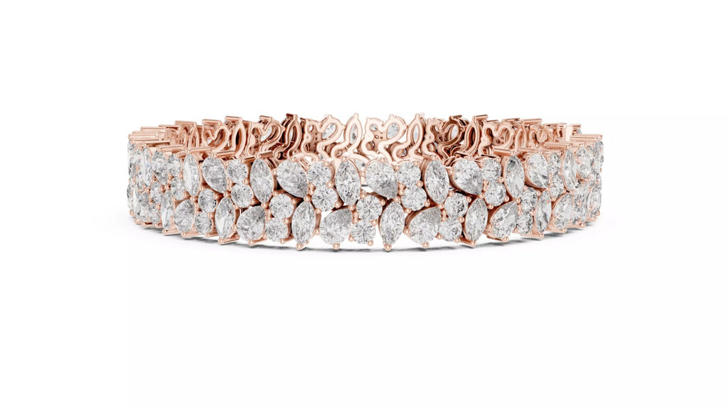 Rose gold wide diamond tennis bracelet side view with natural pear and marquise diamonds