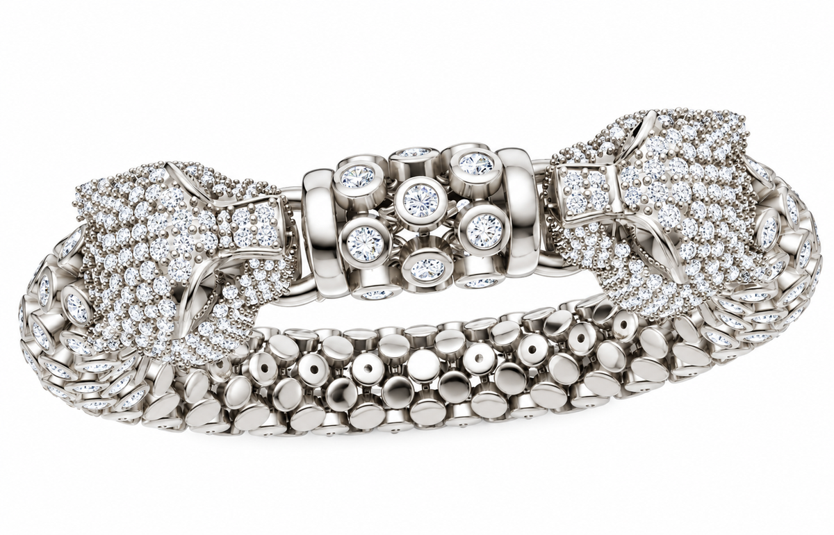 Twin Panther Head Moissanite Bracelet – 925 Sterling Silver