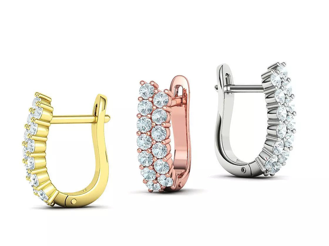 Jewelzit U-shaped diamond hoop earrings in three gold colours, double row pave huggies with latch back
