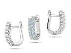 Double row diamond huggie hoop earrings in white gold with U-shaped latch back, side and front view