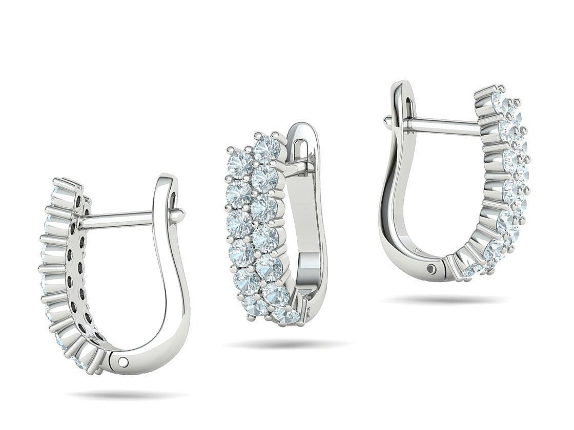 Double row diamond huggie hoop earrings in white gold with U-shaped latch back, side and front view
