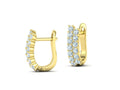 Double row diamond U hoop huggie earrings in yellow gold showing hinged latch back and front diamonds