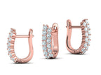 Double row diamond huggie hoop earrings in rose gold with U-shaped latch back, side and front view