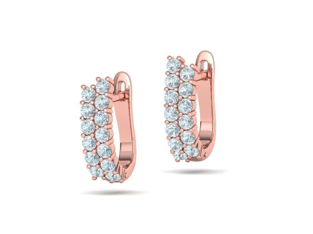 Rose gold double row diamond huggie earrings, front view of pave set round diamonds