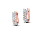 Small rose gold diamond hoop earrings for women with two rows of round diamonds, angled view