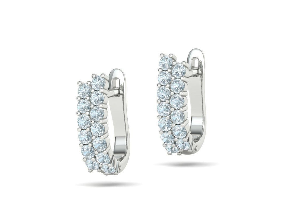 White gold double row diamond huggie earrings, front view of pave set round diamonds