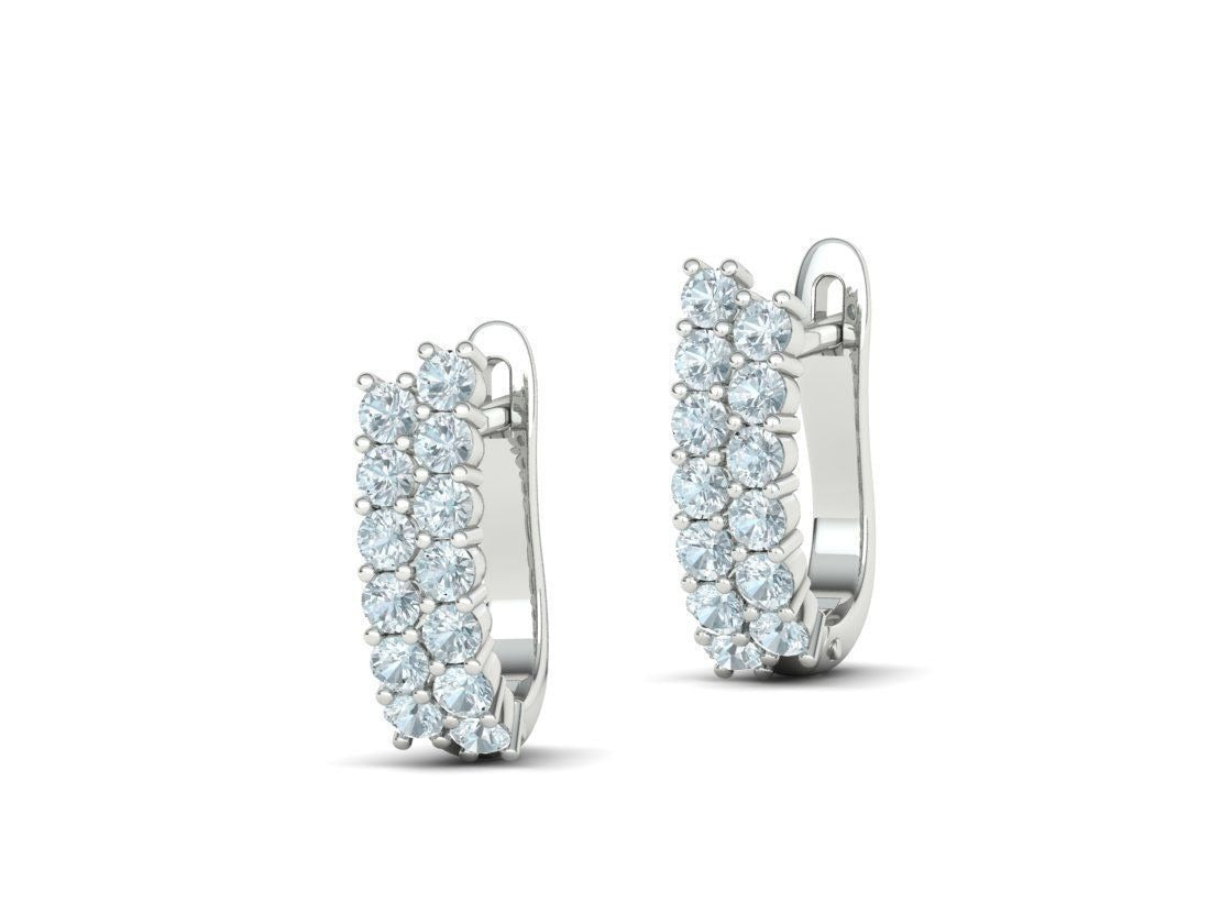 Small white gold diamond hoop earrings for women with two rows of round diamonds, angled view