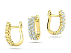 Double row diamond huggie hoop earrings in yellow gold with U-shaped latch back, side and front view