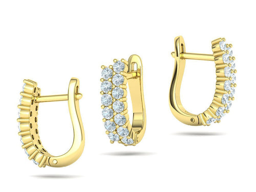 Double row diamond huggie hoop earrings in yellow gold with U-shaped latch back, side and front view