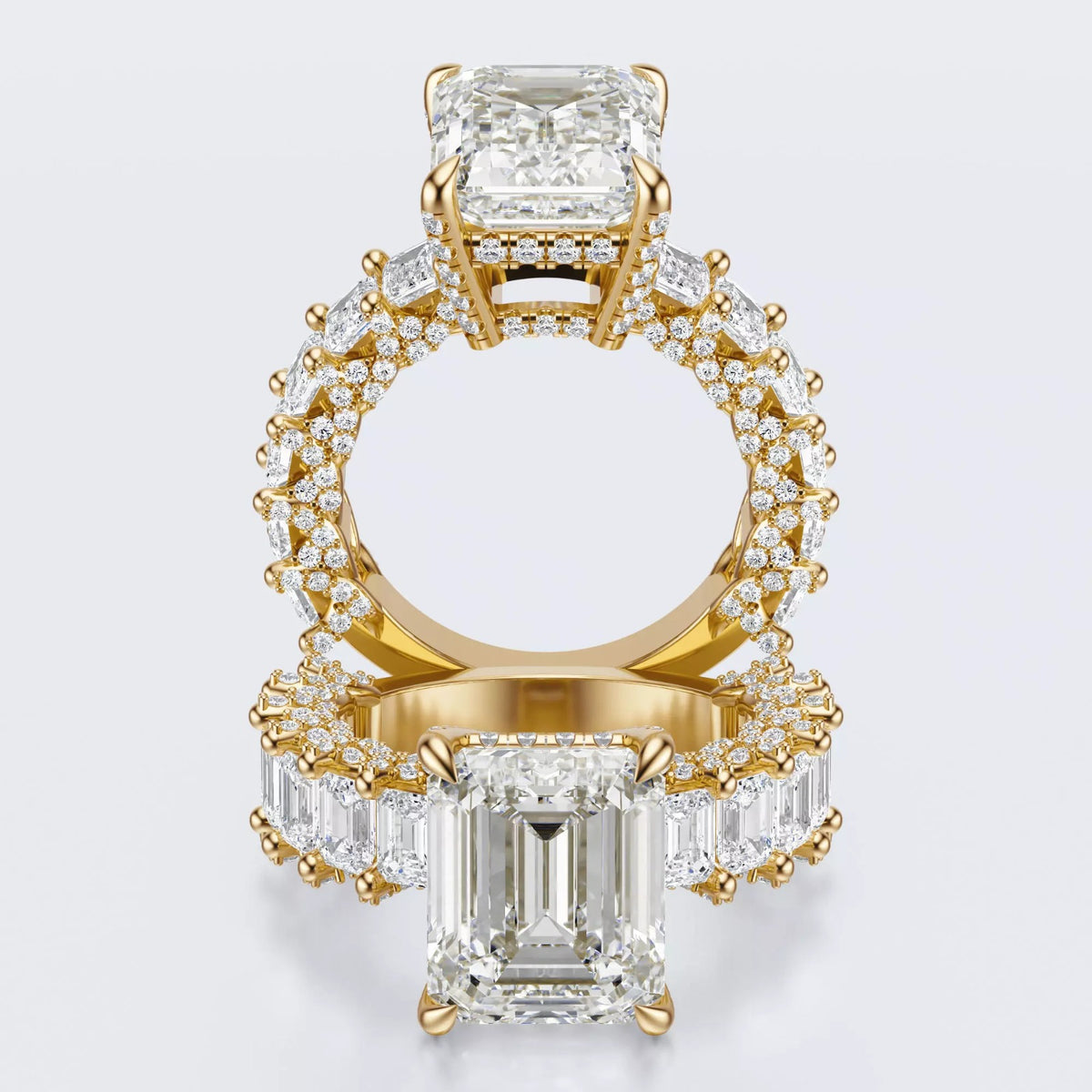 Emerald Cut Moissanite Statement Ring with Pavé Band – Gold Plated 925 Silver