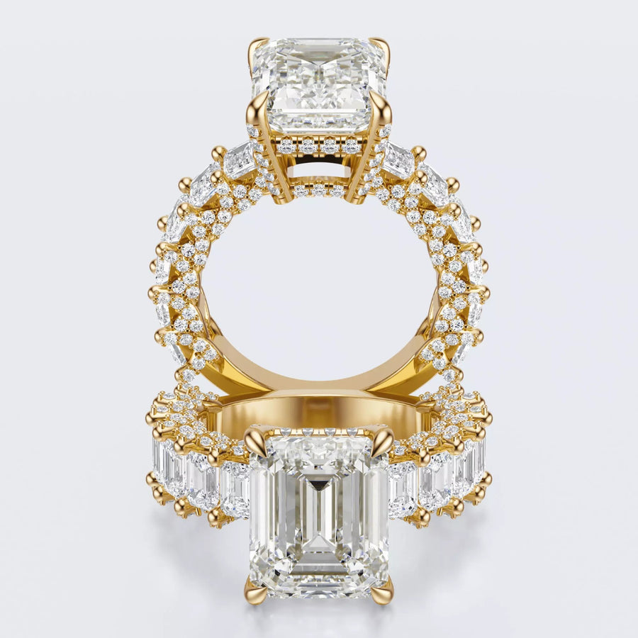 Emerald Cut Moissanite Statement Ring with Pavé Band – Gold Plated 925 Silver