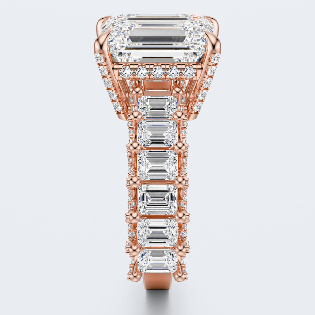 Emerald Cut Moissanite Statement Ring with Pavé Band – Gold Plated 925 Silver