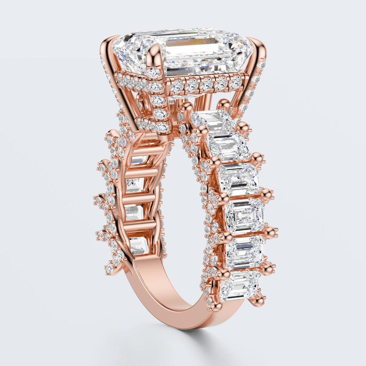 Emerald Cut Moissanite Statement Ring with Pavé Band – Gold Plated 925 Silver