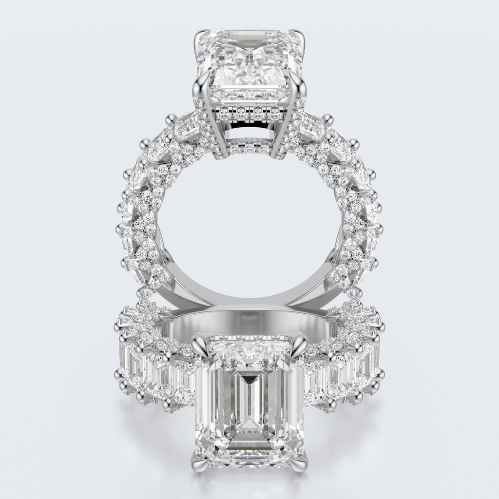 Emerald Cut Moissanite Statement Ring with Pavé Band – Gold Plated 925 Silver