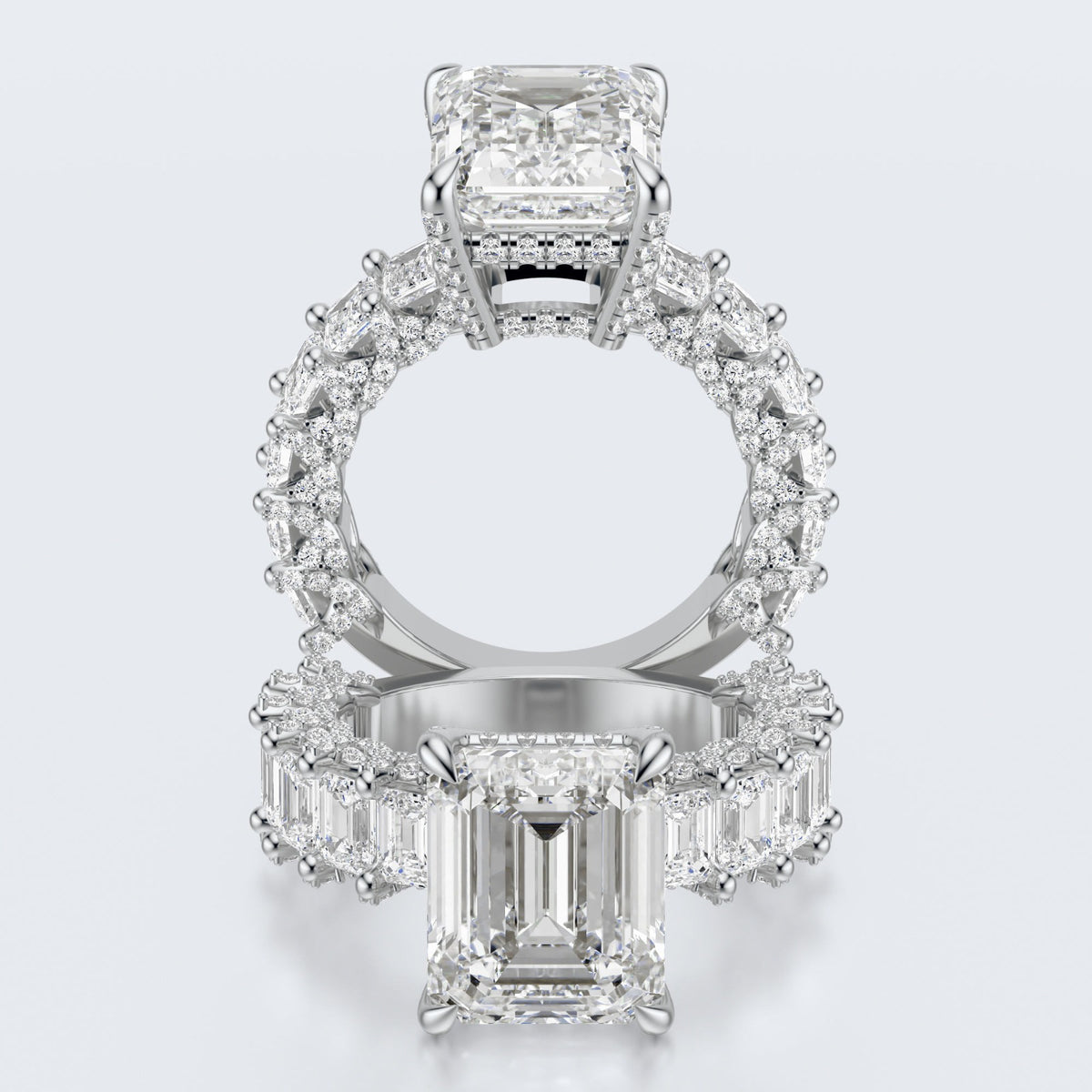 Emerald Cut Moissanite Statement Ring with Pavé Band – Gold Plated 925 Silver