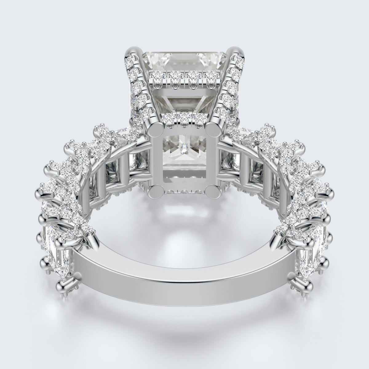 Emerald Cut Moissanite Statement Ring with Pavé Band – Gold Plated 925 Silver
