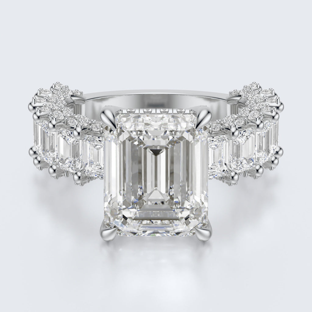 Emerald Cut Moissanite Statement Ring with Pavé Band – Gold Plated 925 Silver