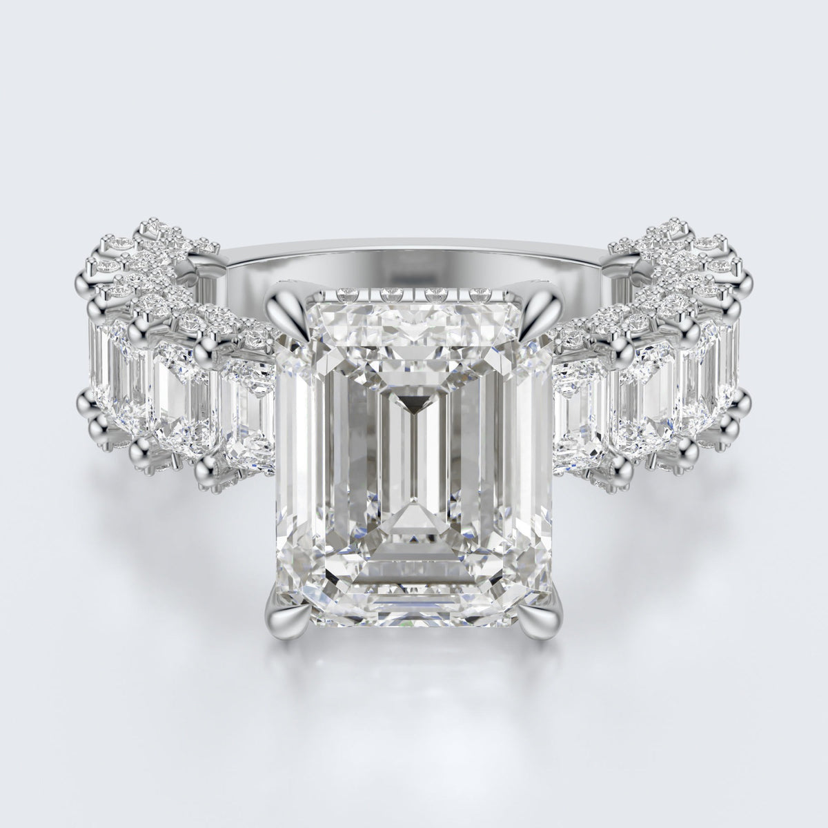Emerald Cut Moissanite Statement Ring with Pavé Band – Gold Plated 925 Silver