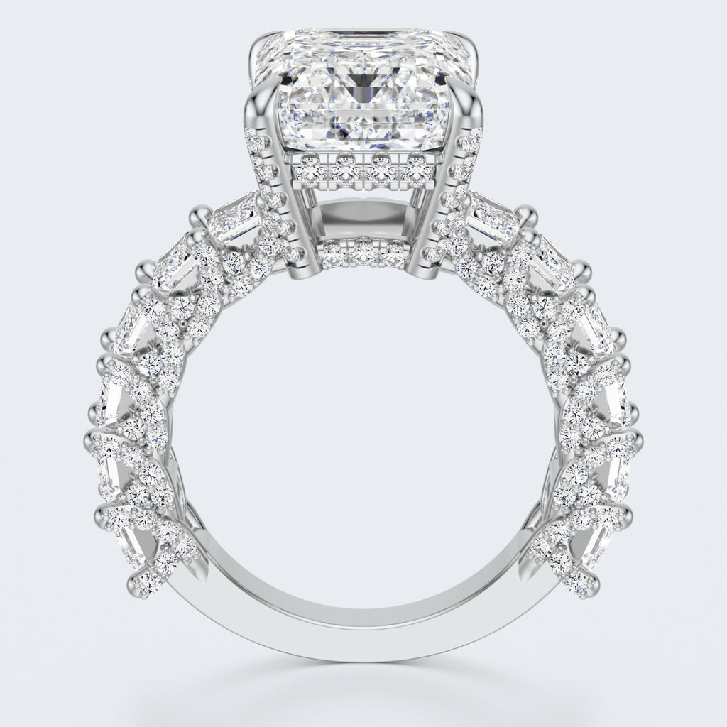 Emerald Cut Moissanite Statement Ring with Pavé Band – Gold Plated 925 Silver