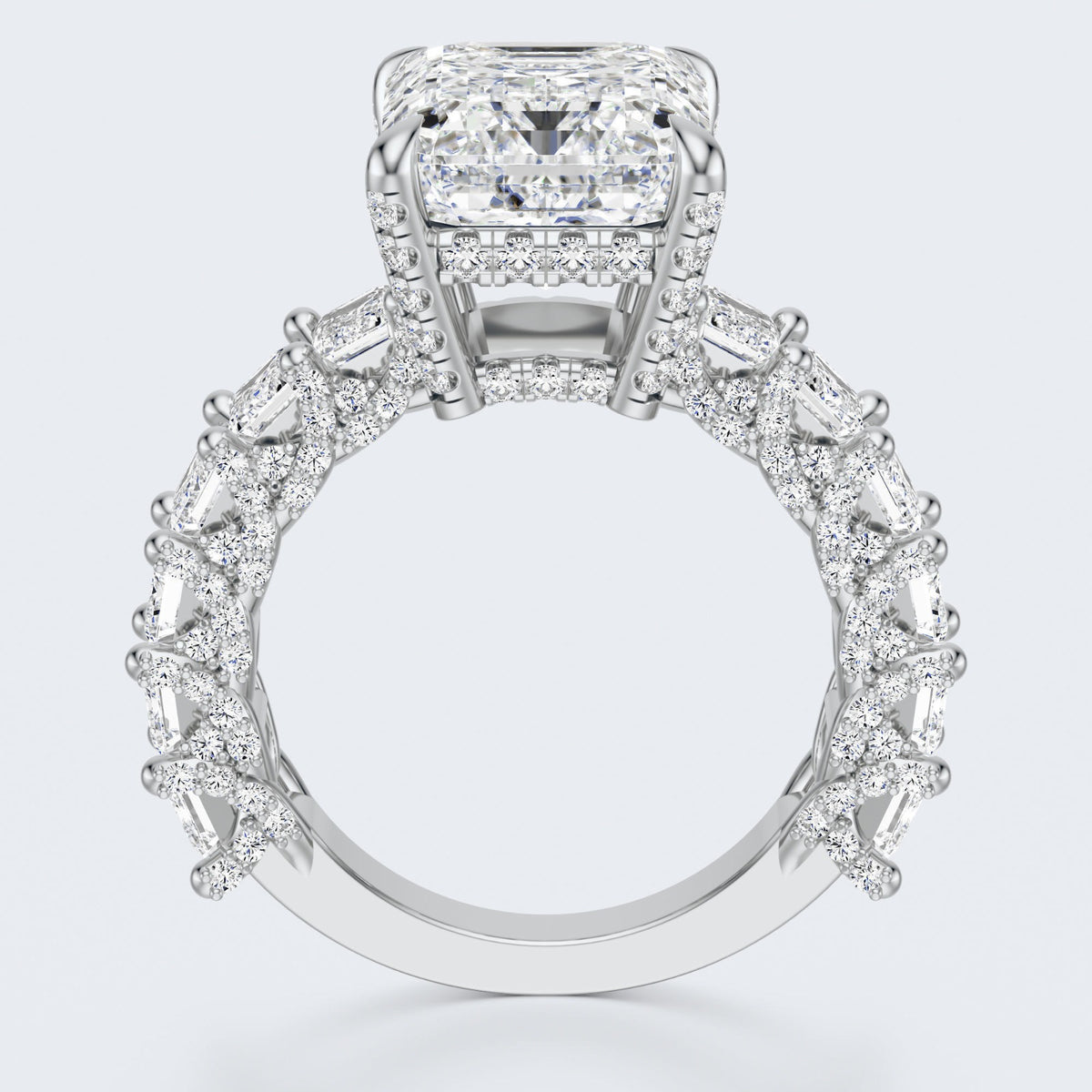 Emerald Cut Moissanite Statement Ring with Pavé Band – Gold Plated 925 Silver