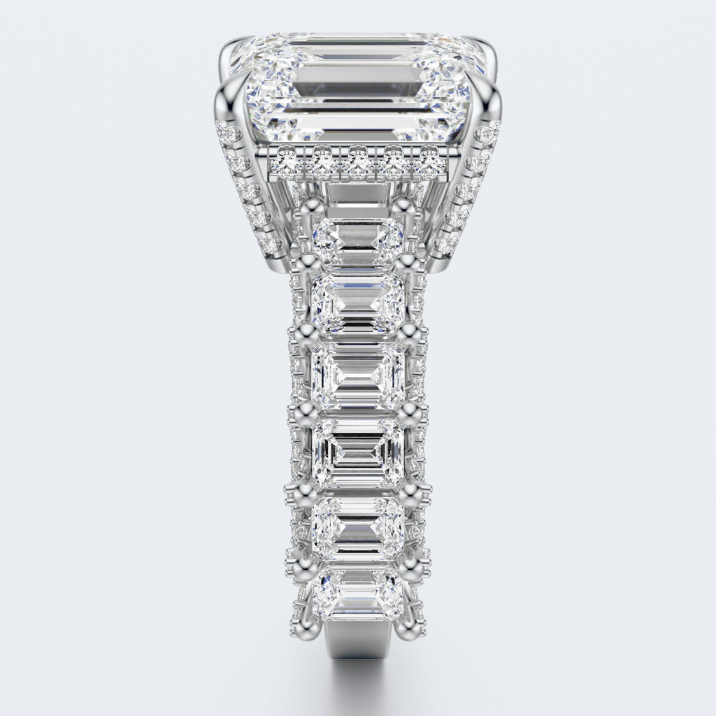 Emerald Cut Moissanite Statement Ring with Pavé Band – Gold Plated 925 Silver