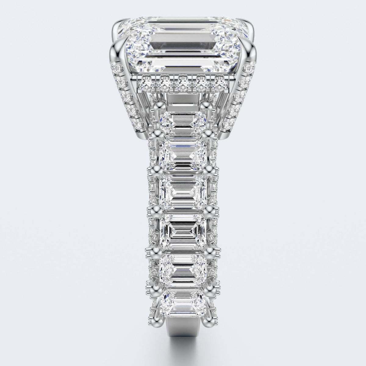 Emerald Cut Moissanite Statement Ring with Pavé Band – Gold Plated 925 Silver