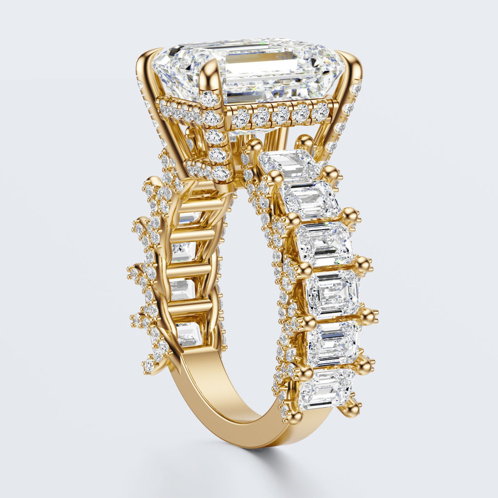 Emerald Cut Moissanite Statement Ring with Pavé Band – Gold Plated 925 Silver