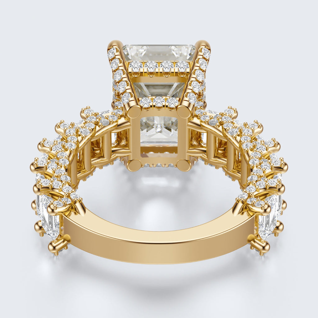 Emerald Cut Moissanite Statement Ring with Pavé Band – Gold Plated 925 Silver