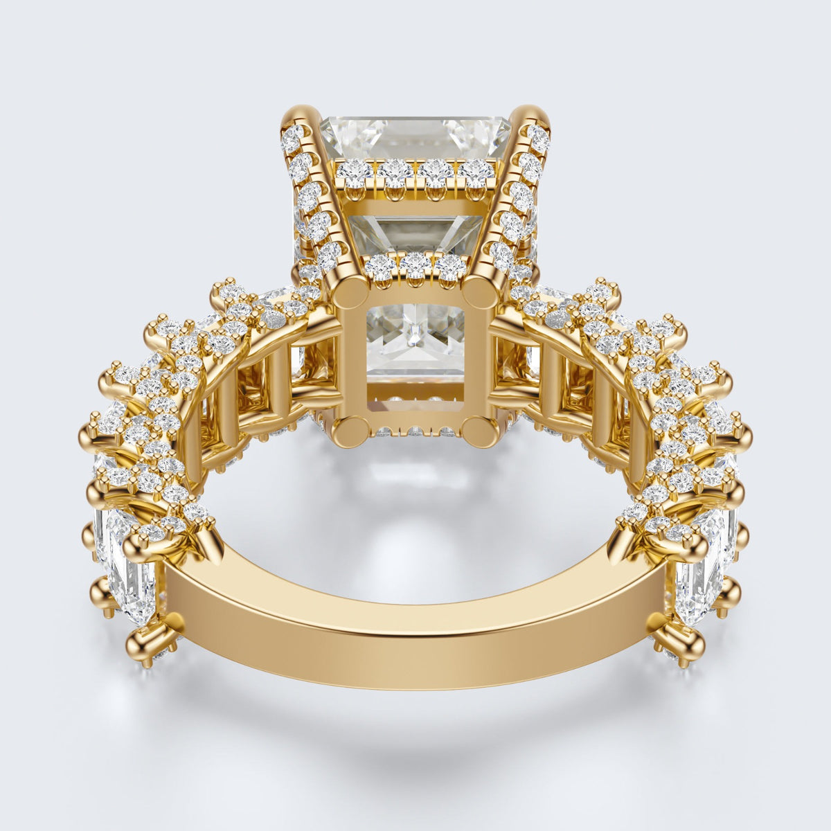 Emerald Cut Moissanite Statement Ring with Pavé Band – Gold Plated 925 Silver
