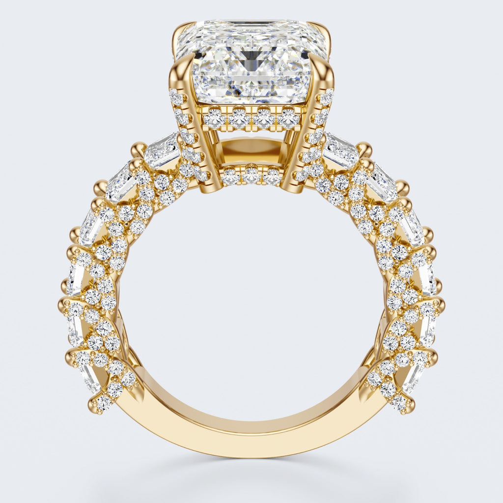 Emerald Cut Moissanite Statement Ring with Pavé Band – Gold Plated 925 Silver