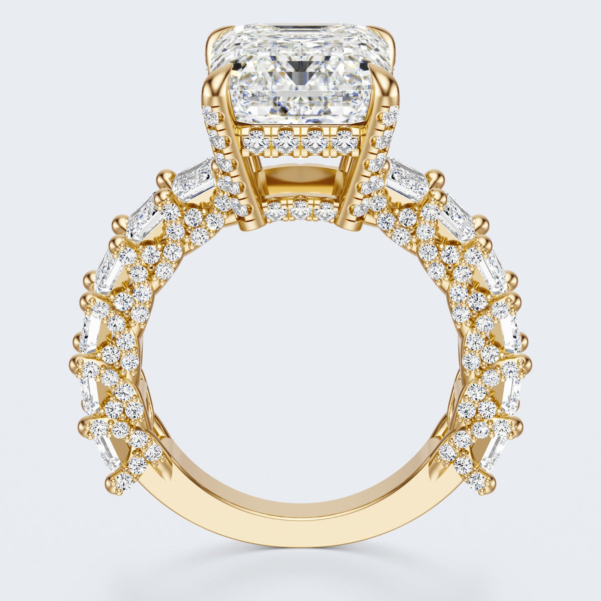 Emerald Cut Moissanite Statement Ring with Pavé Band – Gold Plated 925 Silver