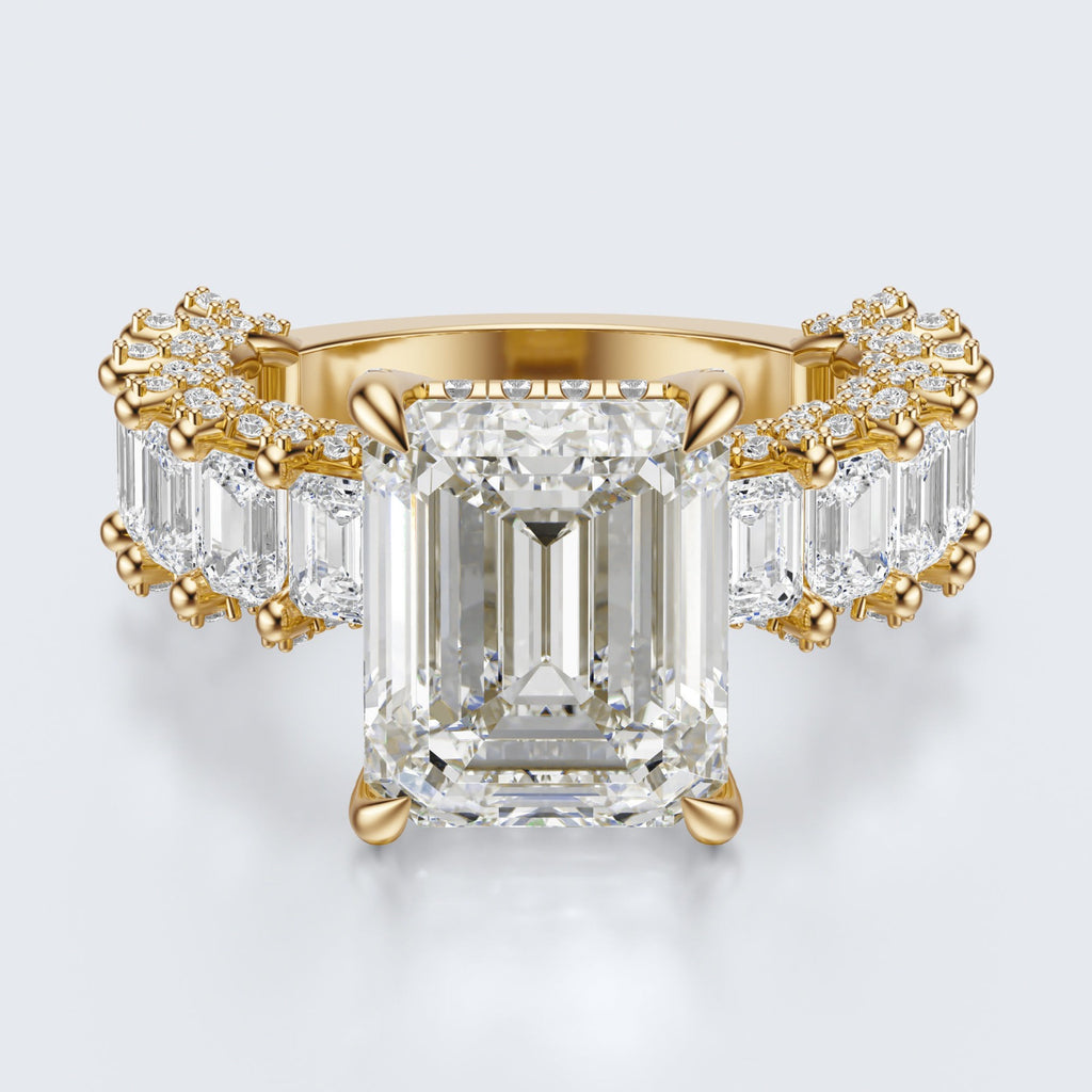Emerald Cut Moissanite Statement Ring with Pavé Band – Gold Plated 925 Silver