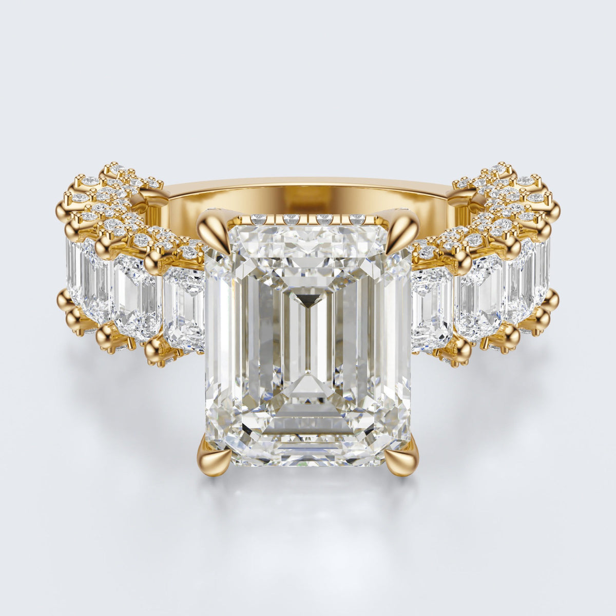 Emerald Cut Moissanite Statement Ring with Pavé Band – Gold Plated 925 Silver