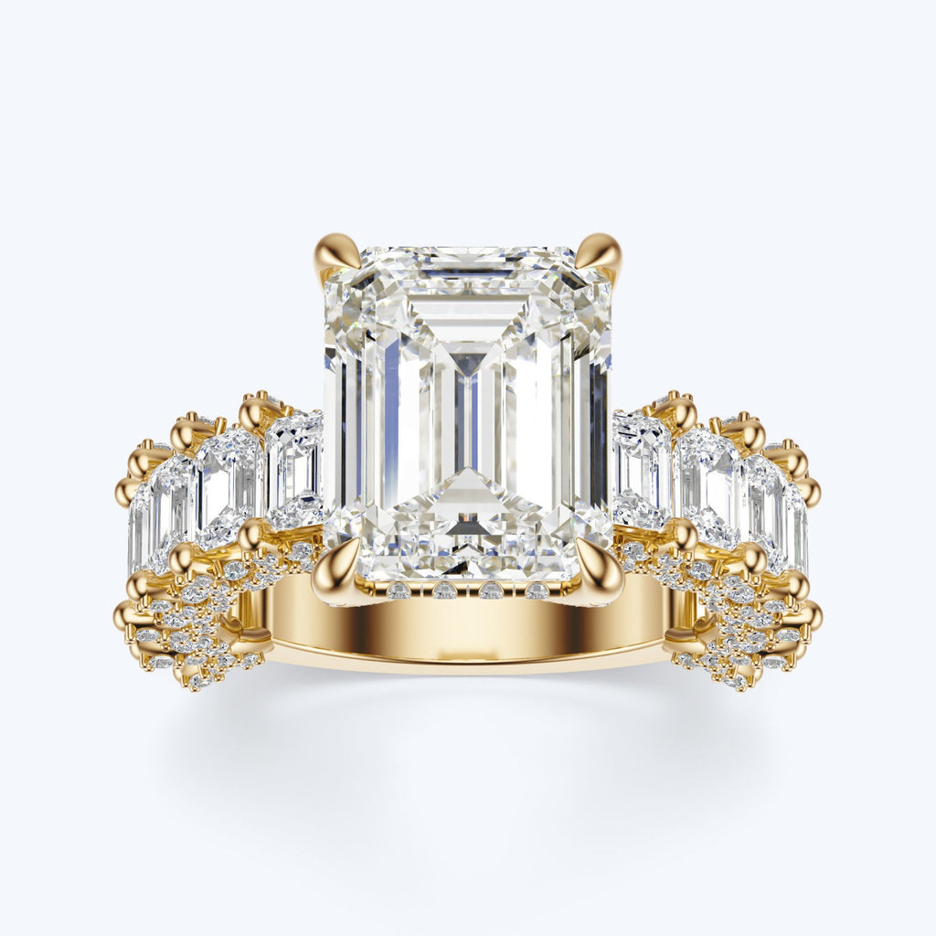 Emerald Cut Moissanite Statement Ring with Pavé Band – Gold Plated 925 Silver