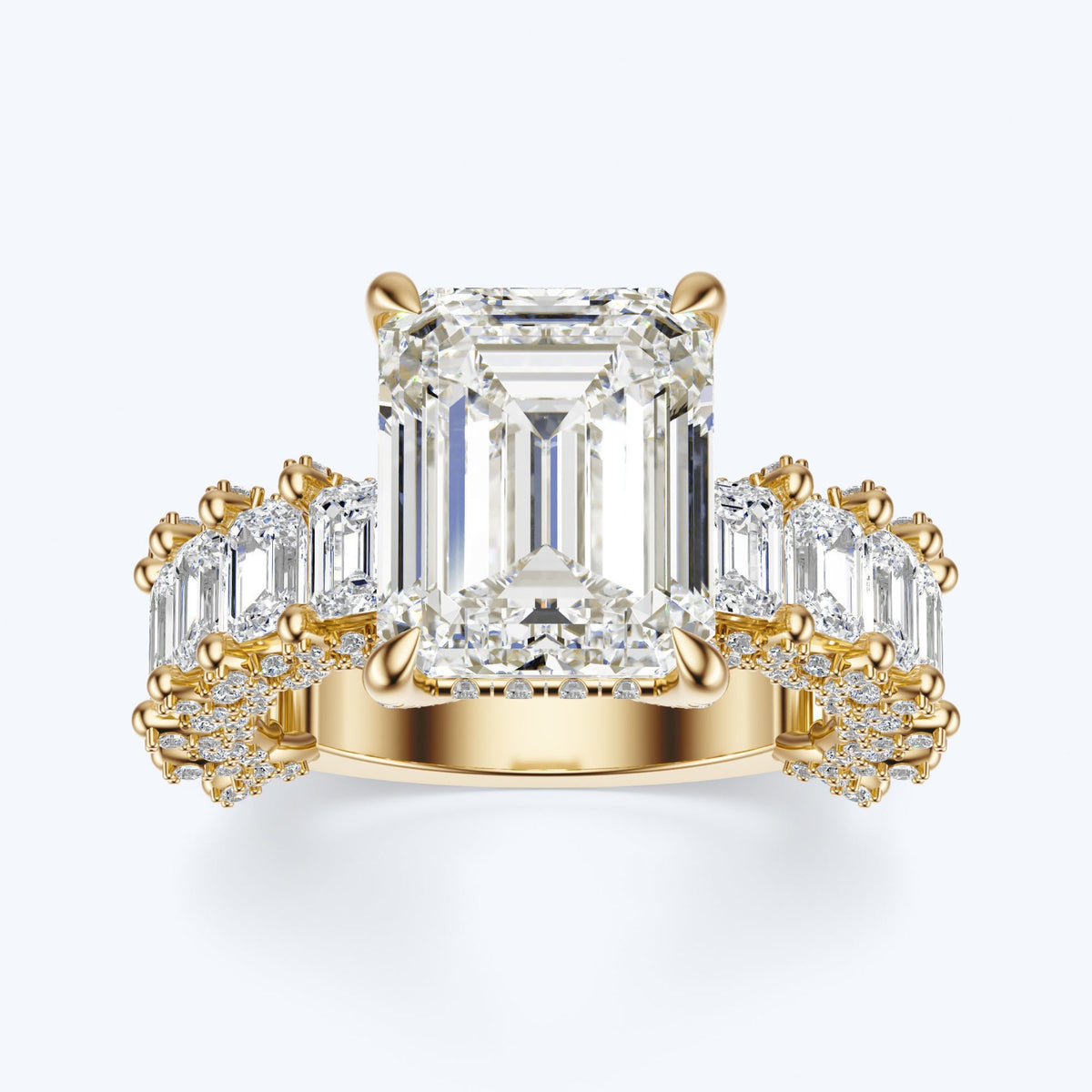 Emerald Cut Moissanite Statement Ring with Pavé Band – Gold Plated 925 Silver