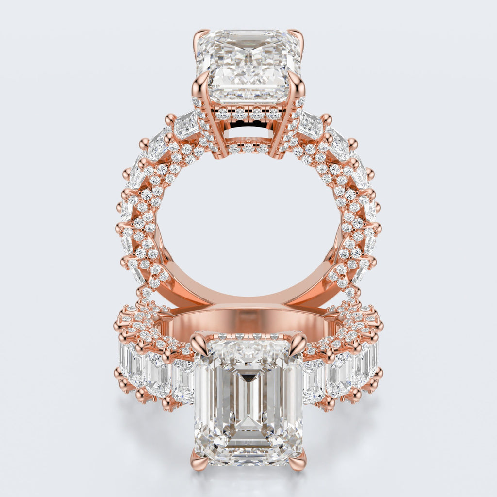 Emerald Cut Moissanite Statement Ring with Pavé Band – Gold Plated 925 Silver
