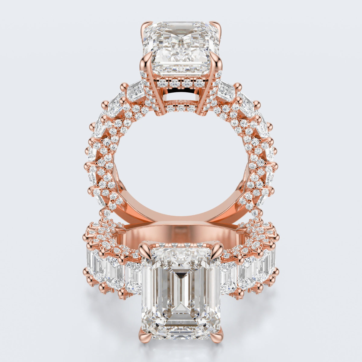 Emerald Cut Moissanite Statement Ring with Pavé Band – Gold Plated 925 Silver