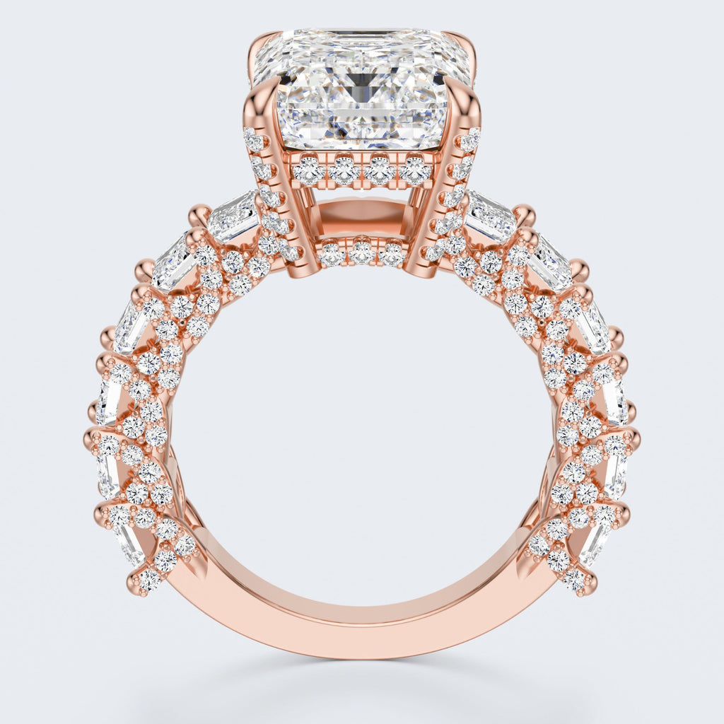 Emerald Cut Moissanite Statement Ring with Pavé Band – Gold Plated 925 Silver