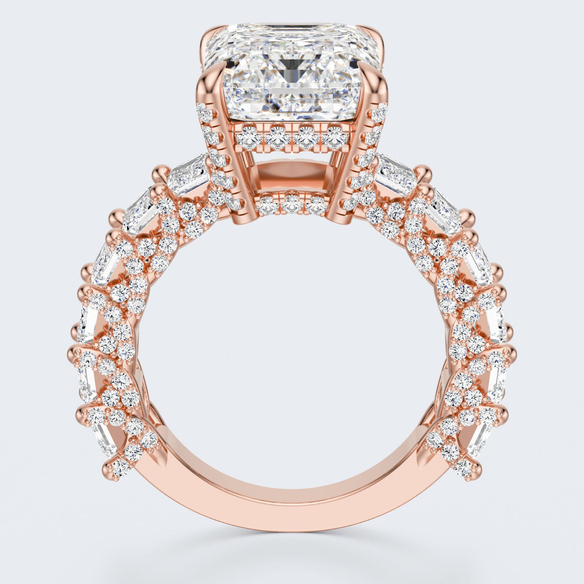 Emerald Cut Moissanite Statement Ring with Pavé Band – Gold Plated 925 Silver