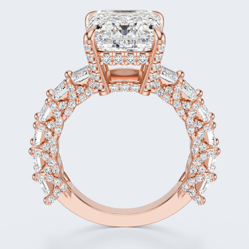 Emerald Cut Moissanite Statement Ring with Pavé Band – Gold Plated 925 Silver