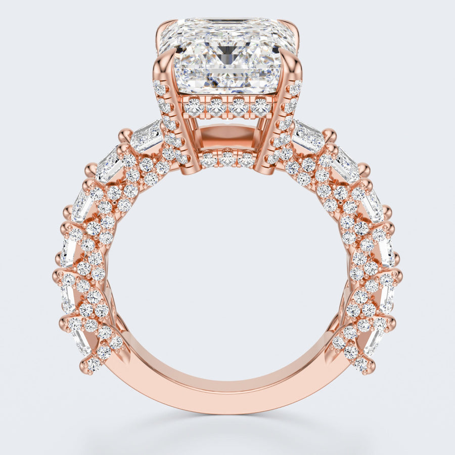 Emerald Cut Moissanite Statement Ring with Pavé Band – Gold Plated 925 Silver