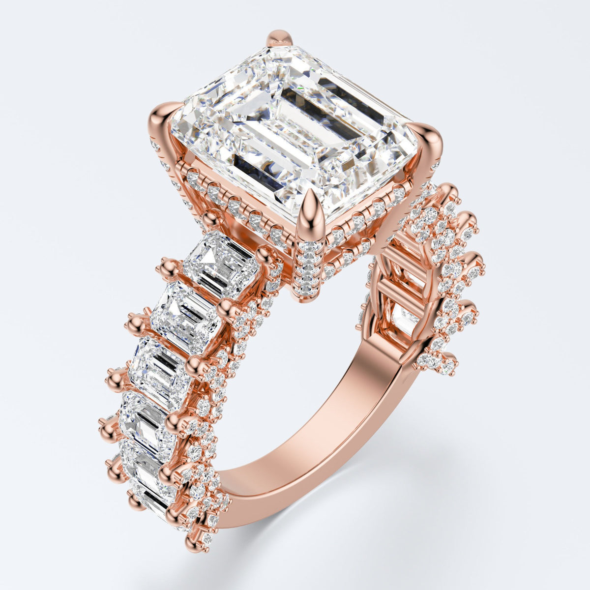 Emerald Cut Moissanite Statement Ring with Pavé Band – Gold Plated 925 Silver